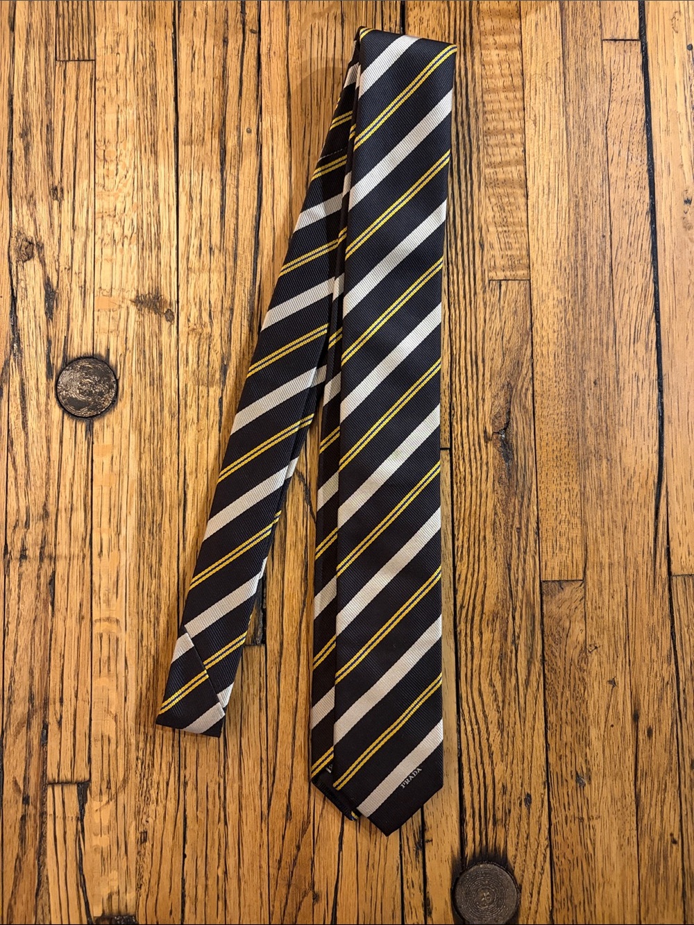 Prada Black, Silver and Yellow Striped Silk Tie